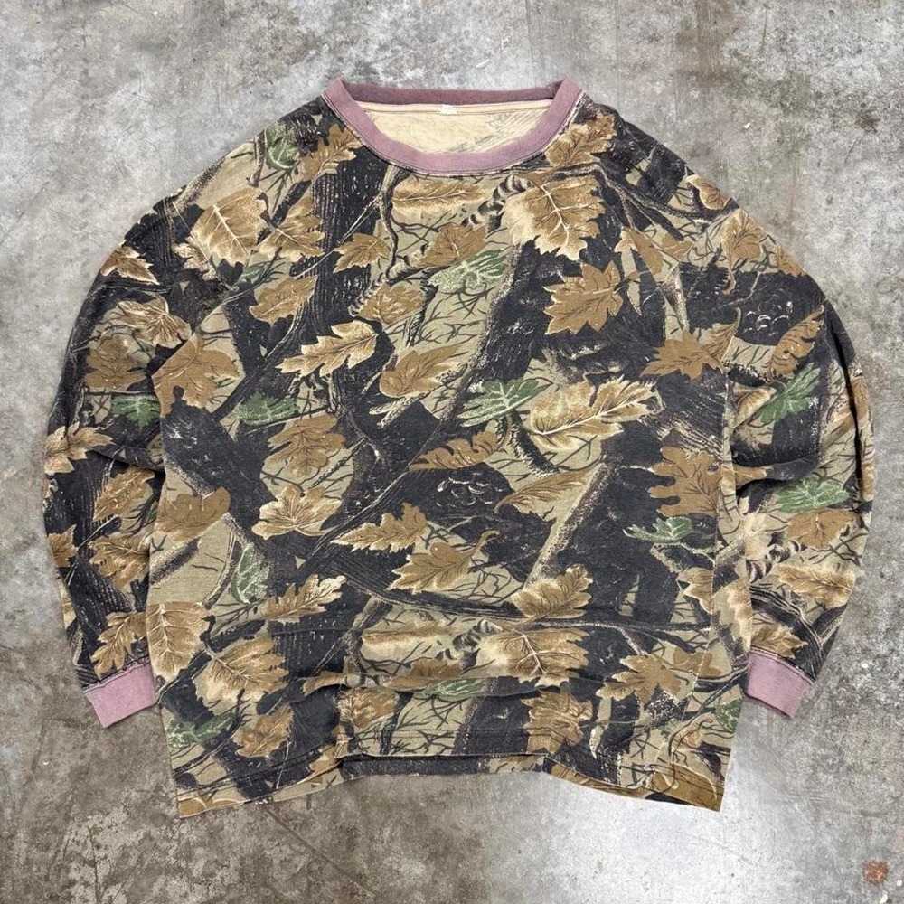 Vintage 90s Camo Long Sleeve Shirt Mens Large Leaf Print Purple Trim Hunting L